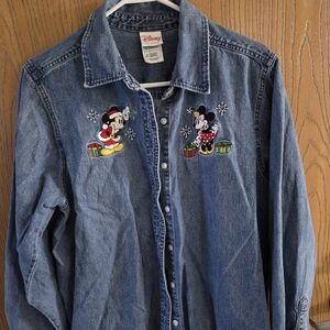 Disney Blue Denim Shirt with Mickey and Minnie Embroidery